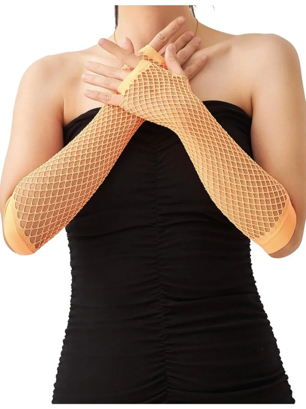 Women's Orange Fishnet Fingerless Gloves Gothic Punk Emo 80s Scene Arm Sleeves